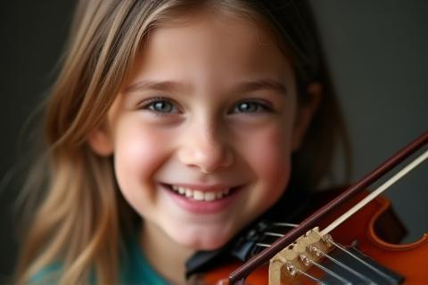Criança sorrindo enquanto toca um instrumento musical.