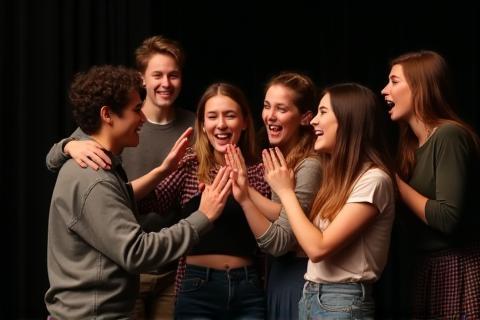 Adolescentes colaborando em uma oficina de teatro.